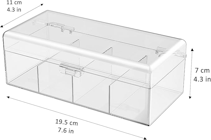 JessLab Hair Accessories Organizer for Girls, Acrylic Hair Bow Tie Clip Scrunchie Holder with Dividers, Clear Stackable Storage Box for Bathroom, Bedroom, Vanity Countertop (4 Compartment)