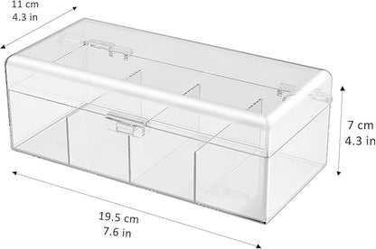 JessLab Hair Accessories Organizer for Girls, Acrylic Hair Bow Tie Clip Scrunchie Holder with Dividers, Clear Stackable Storage Box for Bathroom, Bedroom, Vanity Countertop (4 Compartment)