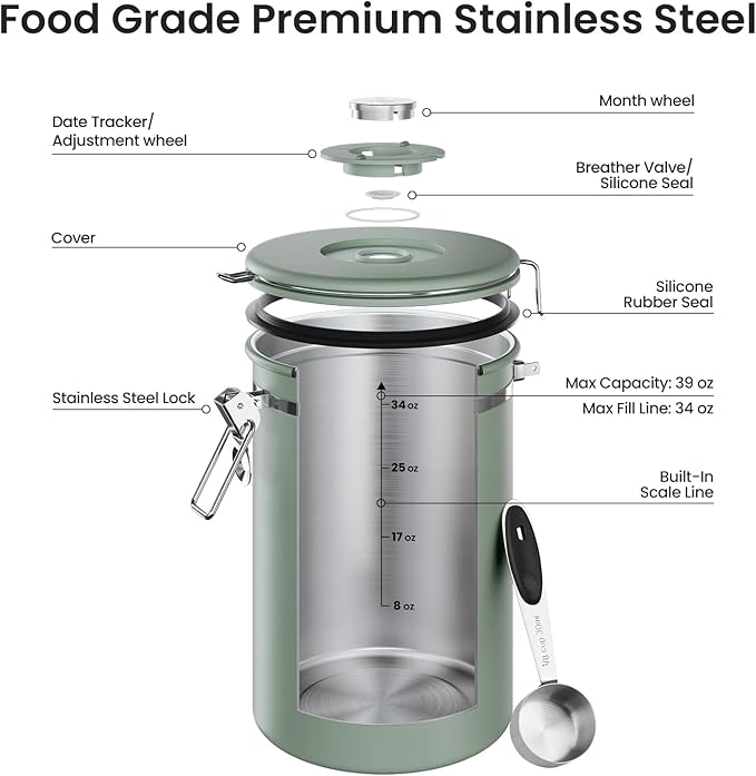 Veken Coffee Canister, 39OZ Large, Airtight Stainless Steel Food Storage Container for 2.2lbs Coffee Beans, Ground, Sugar, Tea, Flour, Cereal, Kitchen Bar Accessories with Date Tracker & Scoop, Green
