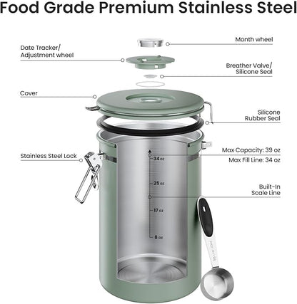 Veken Coffee Canister, 39OZ Large, Airtight Stainless Steel Food Storage Container for 2.2lbs Coffee Beans, Ground, Sugar, Tea, Flour, Cereal, Kitchen Bar Accessories with Date Tracker & Scoop, Green