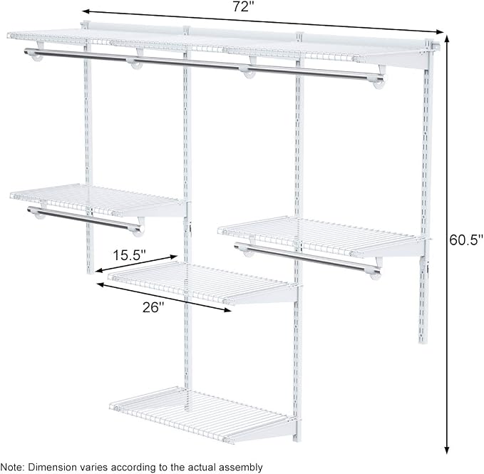 S AFSTAR 4 to 6 FT Mounted Closet Systems, Height Adjustable Custom Clothes Closet Kit with 3 Hanging Rod & 6 Storage Shelves, Wall-Mounted Clothes Closet Organizer for Bedroom Apartment, White