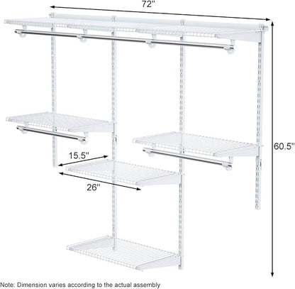 S AFSTAR 4 to 6 FT Mounted Closet Systems, Height Adjustable Custom Clothes Closet Kit with 3 Hanging Rod & 6 Storage Shelves, Wall-Mounted Clothes Closet Organizer for Bedroom Apartment, White