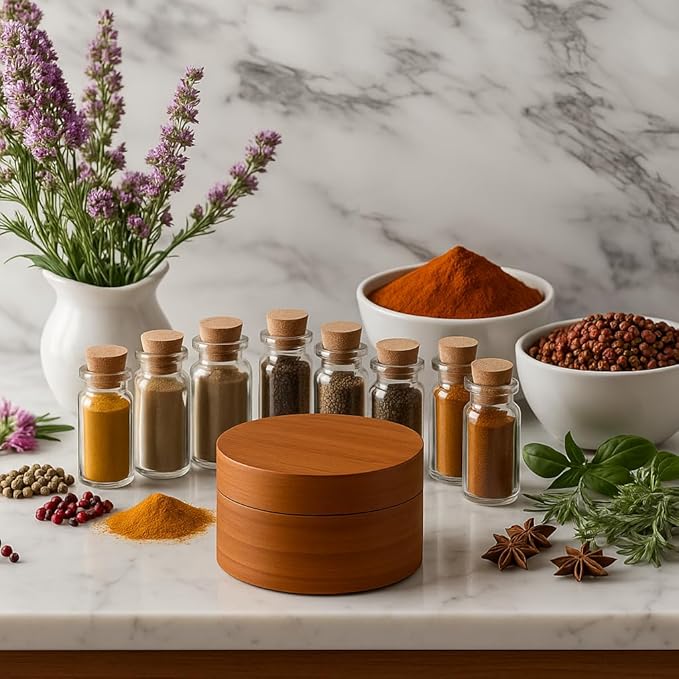 NAZANIN 2-Compartment Acacia Salt Cellar with Magnetic Swivel Lid, Round Salt and Pepper Container, Dual Spice Storage with Magnetic Lid, Multi-Use Spice Box, Measuring Spoon Included