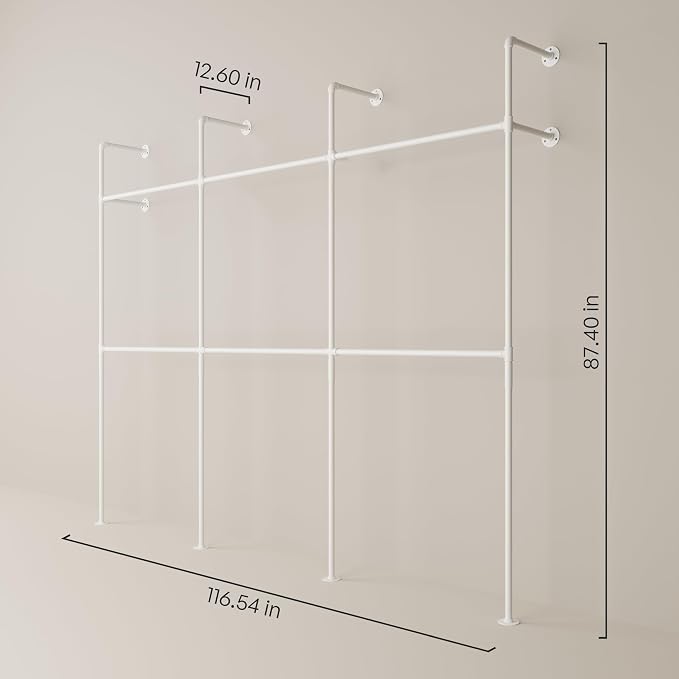 pamo Industrial Pipe Clothing Rack White Metal - 880 lbs Capacity - Wall-Mounted Clothes Racks for Hanging Clothes - Modern Walk-In Closet
