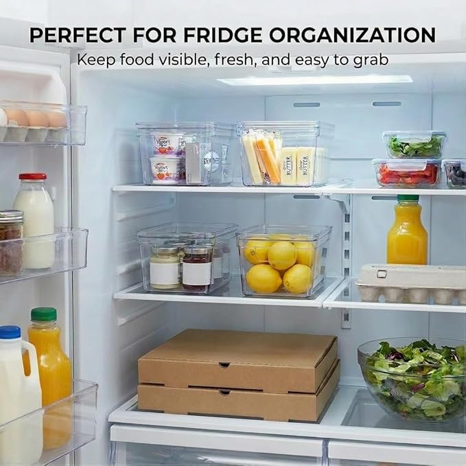 MOONEDGE Small Clear Plastic Storage Bins with Lids and Handles,Stackable Small Item Organizer Containers for Vanity,Craft,Office,Fridge,Kitchen,Pantry,Bathroom,Closet – 2 Pack (10×6×5 in)