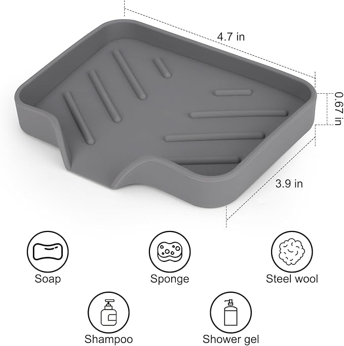 Silicone Soap Dish for Shower with Self Draining, 2 Pack Soap Holder for Bathroom, Silicone Sponge Holder for Kitchen Sink, Soap Tray for Dispenser, Scrubber, Bottle, 4.7"×3.9", Gray