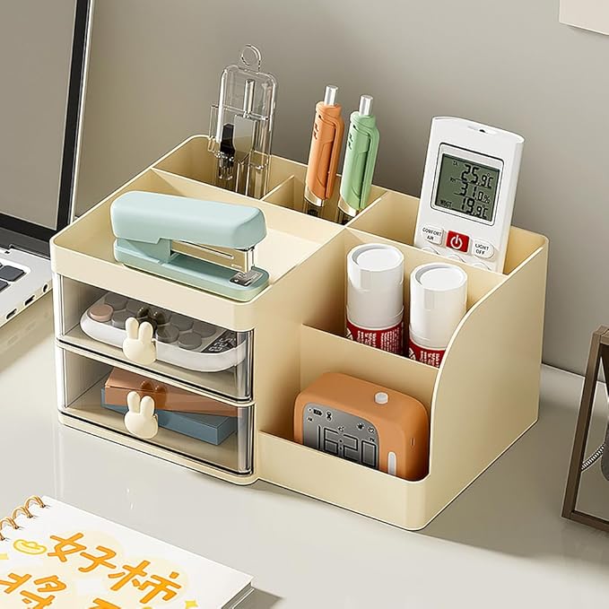 Makeup Storage Organizer with 2 Drawers, Desk Vanity Countertop Skin Care Cosmetic Display Case Make up Stands for Hair Accessories Lipstick Lotions Beauty Skincare Organizing (Cream)