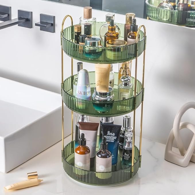 360° Rotating Makeup Organizer, 3 Tier Spinning Cosmetic Organizer for Vanity & Bathroom Countertop, Holds Tall Skincare Bottles, Perfume & Beauty Accessories – Clear Green
