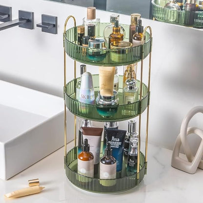 360° Rotating Makeup Organizer, 3 Tier Spinning Cosmetic Organizer for Vanity & Bathroom Countertop, Holds Tall Skincare Bottles, Perfume & Beauty Accessories – Clear Green