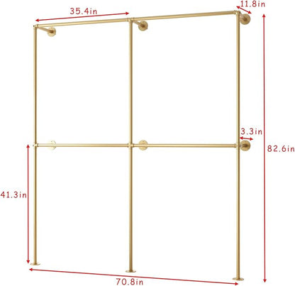 Gold Pipe Clothing Racks Wall Mount Gold Clothes Rack, Heavy Duty Industrial Pipe Clothes Racks Retail Display Hanging Rod for Closet Storage, Laundry Room