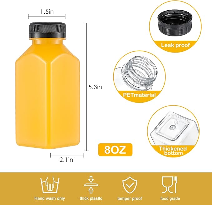 Dabacc Juice Bottles, 45Pcs 8oz Plastic Juice Bottles with Caps Airtight Reusable Clear Empty Water Containers Includes Label Funnel Brush for Juicing Drinking Beverage Smoothies Fridge (8oz)