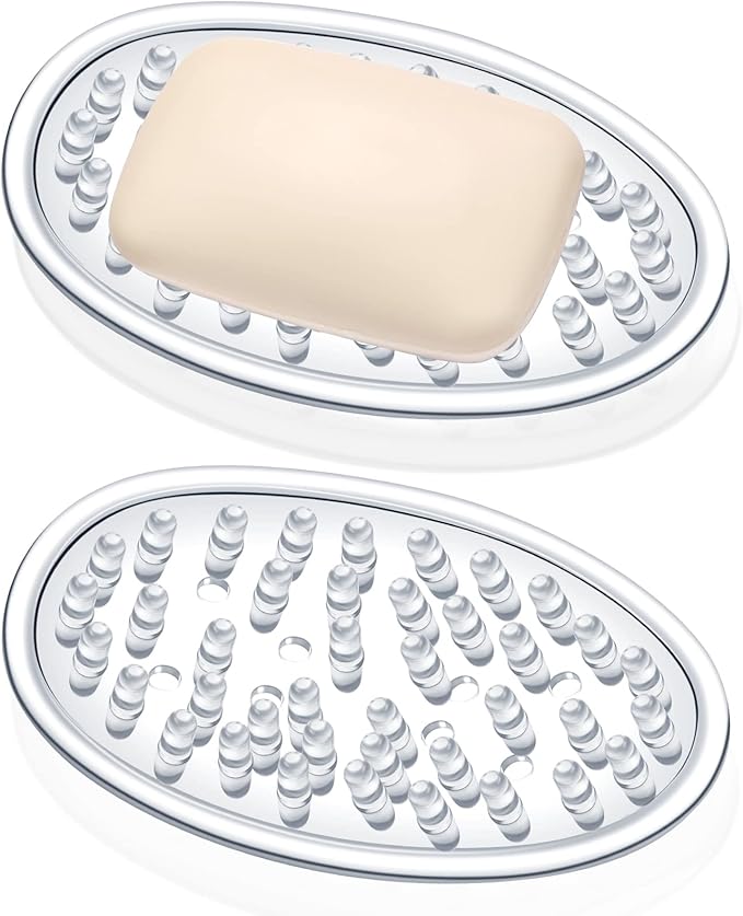 2 Pcs Plastic Soap Holder Soap Dish Bar Saver Tray with Holes Sponge Holder for Kitchen Bathroom Shower Counter, 4.5 x 3 x 0.7 Inches (Clear)