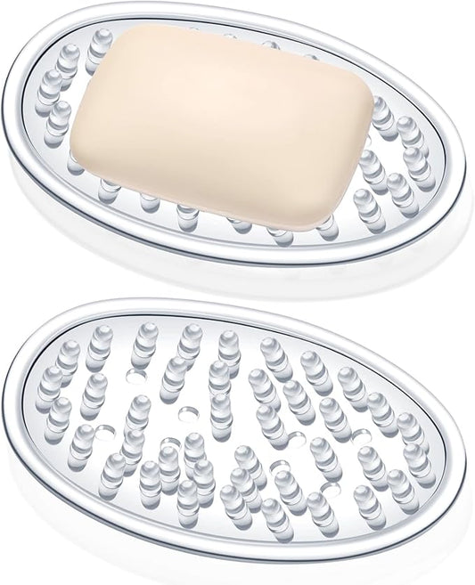 2 Pcs Plastic Soap Holder Soap Dish Bar Saver Tray with Holes Sponge Holder for Kitchen Bathroom Shower Counter, 4.5 x 3 x 0.7 Inches (Clear)