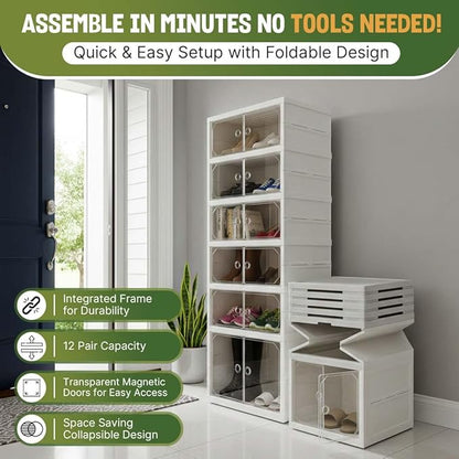 Foldable 6-Tier Shoe Rack Organizer, Large Clear Shoe Storage Cabinet with Magnetic Doors, Heavy Duty Slim Vertical Shoes Rack for Bedroom, Entryway or Garage - White (Holds 12 Pairs)