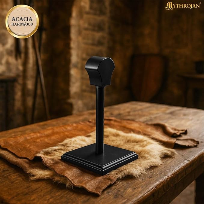 Mythrojan Wooden Helmet Stand Solid Medieval Roman Viking Helmet Display Stand Mask Display Templar Spartan Cosplay Larp Knight Stand Black