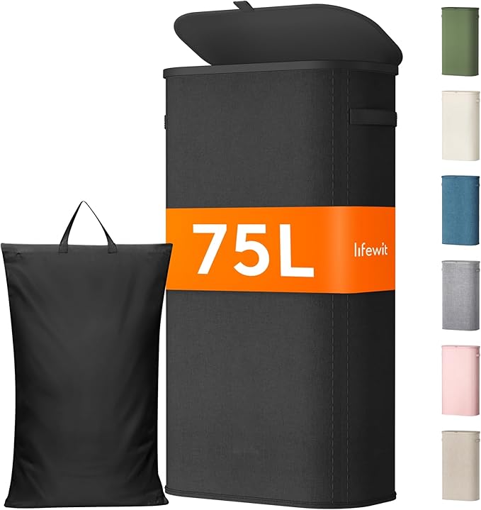 Lifewit Slim Laundry Basket with Lid, Narrow Large Laundry Hamper with Plastic Handles and Removable Bag, Tall Foldable Dirty Clothes Hampers for Laundry Room, Bedroom, Bathroom, Dorm, 75L Black
