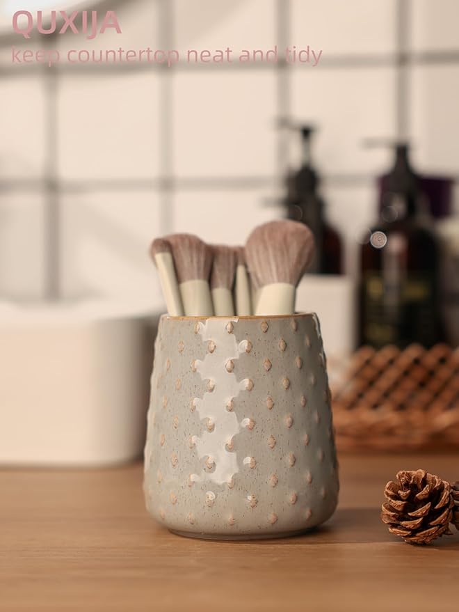 Ceramic Makeup Brush Holders, Farmhouse Bathroom Vanity and Countertop, Brushes Cup for Bathroom Cosmetics, Lipsticks, Vanity Desktop Storage (Vintage Grey)