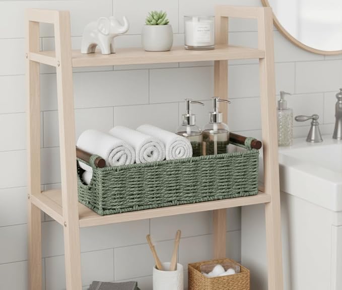 CubesLand Wicker Toilet Storage Basket Tray Organizer W/Cut Out Handle, Slim Decorative Basket for Countertop, Shelves And for Versatile Home Decor, Living Room, Nursery Organization, Green