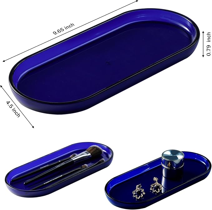 SheeChung Acrylic Vanity Tray, 2 Pack, 9.65 in x 4.5 in x 0.79 in, Catchall Tray, Countertop Sink Tray Dispenser, Sturdy Holder for Cabinet, Shelf, Cupboard, or Closet Organization (Blue)