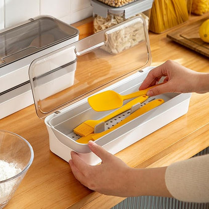 Large capacity Plastic Kitchen Drawer Organizer with Lid and Drainer Stackable Utensil Holder for Countertop Silverware Tray Flatware Organizers - 12.6x4.7x2.4 Inch Spatula Cutlery Tray