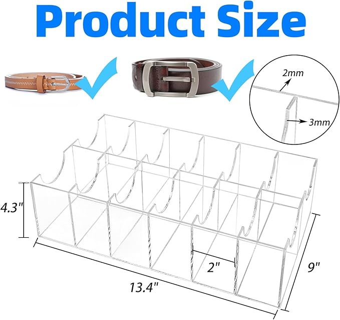 ZENFUN 12 Compartments Belts Storage Box, Acrylic Belt Organizer, Belt Container Storage Holder Clear Belts Display Case for Watch, Hair Accessories, Jewelry, Closet and Drawer