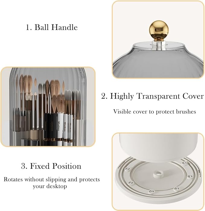 Makeup Brush Holder Organizer with Lid, 360° Rotating Clear Dustproof Cosmetics Storage, Makeup Brushes Cup Pen Holder for Vanity Desktop Bathroom Countertop (Clear White Cap)