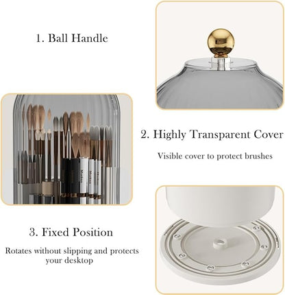 Makeup Brush Holder Organizer with Lid, 360° Rotating Clear Dustproof Cosmetics Storage, Makeup Brushes Cup Pen Holder for Vanity Desktop Bathroom Countertop (Clear White Cap)