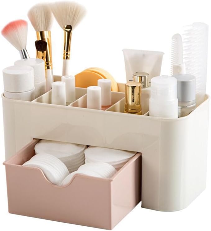 Tabletop Cosmetic Organizer, Spacious Plastic Jewelry Storage Box with Drawer Multicompartment Makeup Display Case for Dressing Table Bathroom