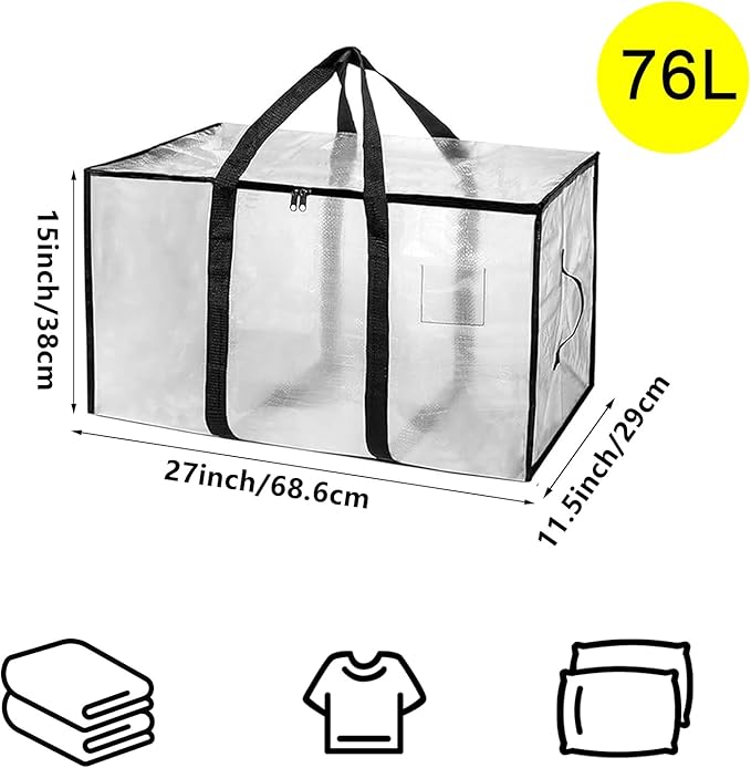 4-Packs Extra Large Heavy Duty Moving Bags, Waterproof Storage Totes with Handles & Zippers Storage Bags Totes for Clothes Packing, Dorms, College Supplies, Space Saving, Clear