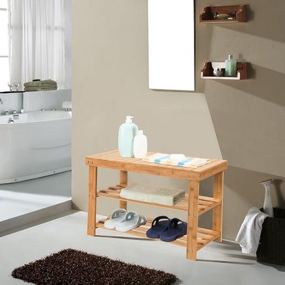 SMAGREHO Natural Bamboo Shoe Bench 2 Tier Shoe Rack Organizer Entryway Seat Storage Shelf