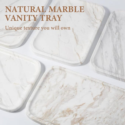 Karibiber Marble Vanity Tray, Marble Bathroom Tray Countertop, Decorative Trays for Dresser Organizer, White Stone Storage Serving Trays for Kitchen, Perfume, Jewelry Cathall Holder, Unique Veining