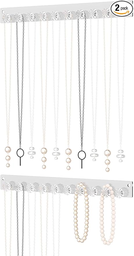 Wall Mounted Hanging Necklace Organizer Holder,Small Necklace Hanger Wall Mount,Acrylic Jewelry Hooks Storage Long Necklace,Closet Hanging Bracelet Display Stand (2)