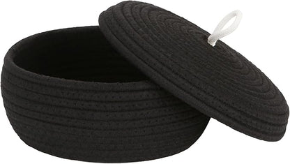 Sea Team Round Cotton Rope Storage Basket with Lid, Decorative Woven Storage Bin, Pot, Caddy, Organizer, Container for Snacks, Towels, Plants, 10 x 4.5 Inches (Small, Shallow, Black)