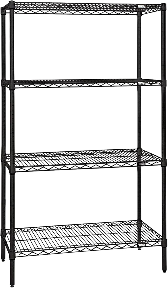 Quantum Storage Systems WR86-3060BK Wire Shelving Starter Kit, 60" W x 30" D x 86" H, 600 lbs Capacity, Carbon Steel, Epoxy Coated, Black, NSF
