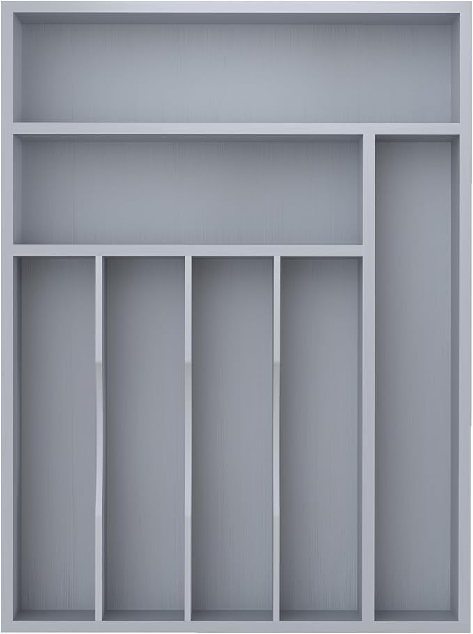Bamboo Silverware Organizer, Kitchen Drawer Organizer, Utensil Holder, Cutlery Tray & Spoon Flatware Storage with Grooved Drawer Dividers (Grey, 12.5''W x 16.5''D)