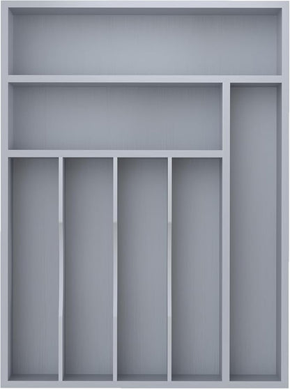 Bamboo Silverware Organizer, Kitchen Drawer Organizer, Utensil Holder, Cutlery Tray & Spoon Flatware Storage with Grooved Drawer Dividers (Grey, 12.5''W x 16.5''D)