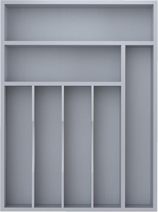Bamboo Silverware Organizer, Kitchen Drawer Organizer, Utensil Holder, Cutlery Tray & Spoon Flatware Storage with Grooved Drawer Dividers (Grey, 12.5''W x 16.5''D)