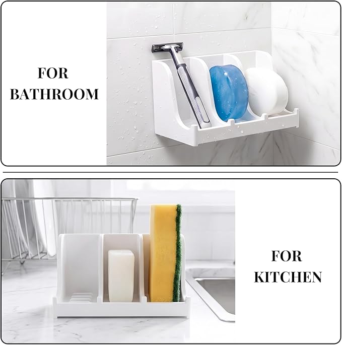 Soap Holder for Shower Wall, 3-Compartment Soap Dish for Shampoo, Conditioner and Body Soap, Fast Draining & Rust-Proof & Heavy Duty, Ultra-Strong Self Adhesive & Freestanding (White, No Label)