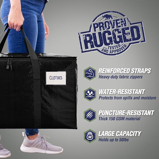 RUGGED RHINO Heavy Duty Extra Large Moving Bags, Durable Bag with Strong Handles and Zipper, Moving Boxes Alternative for College Packing, Holiday Décor, Space Saving Storage with Label, 2 Pack Black