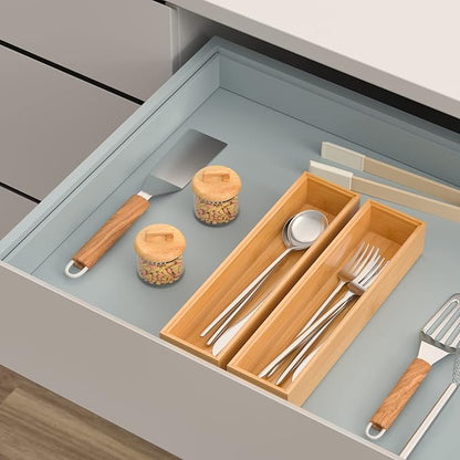 VeyFey Silverware Tray for Drawer, Stackable Kitchen Bamboo Drawer Organizer 12" x 3" x 2" Set of 2