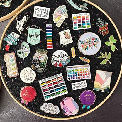 Round Badge Brooch Display Wall Hanging Pin Display Glitter Board Jewelry Storage Pin Collection Banner with Bamboo Hoop for Enamel Pins Buttons and Labels (Black-Faux Leather)