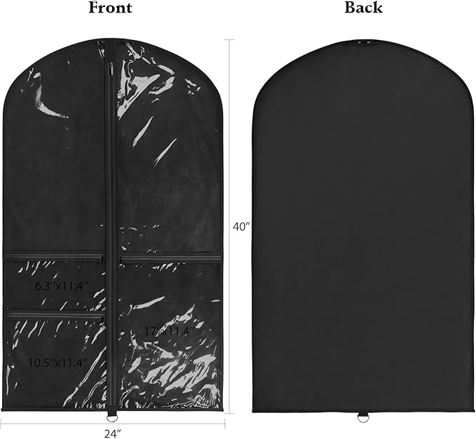 Univivi Dance Costume Bags Garment Bag 40 Inch Hanging Clothes for Dance Competitions, with 3 Medium Clear Zipper Pockets for Dance Costumes, Closet Storage (Black, 2 Pack)