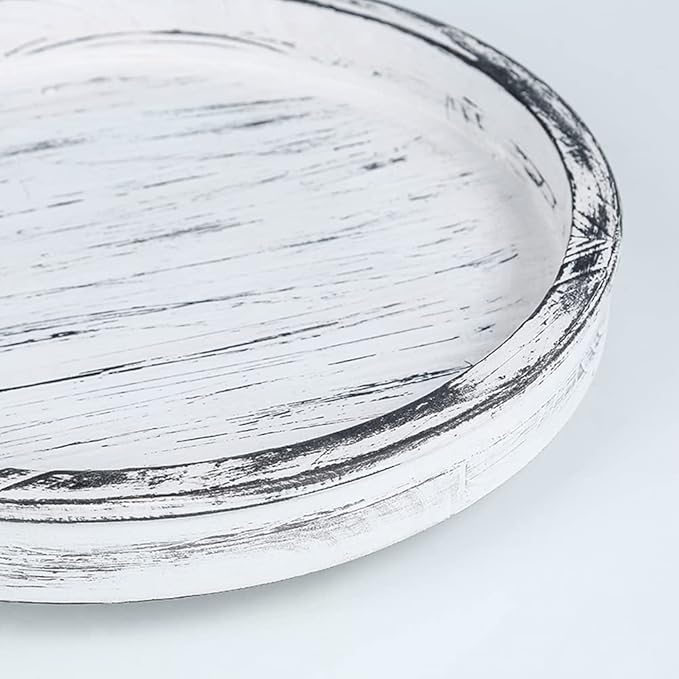 14Inch Rustic Round Wood Lazy Susan Distressed Tray-Distressed Farmhouse Turntable Tray, Cabinet Organizer, and Dining Table (White)