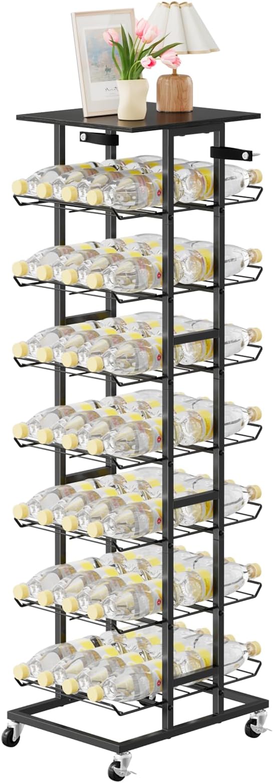 Water Bottle Storage Rack - 7 Tier Free Standing Organizer With Wheels, Mobile Bottled Holder Stand for Floor, Space Saver Metal Beverage Soda Drink Shelf for Kitchen, Outdoor Party