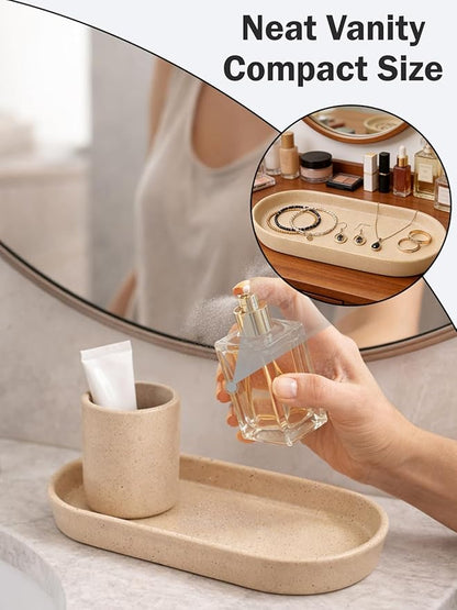 Matte Beige Ceramic Bathroom Tray for Countertop, Minimalist Vanity Organizer Dish for Perfume, Jewelry & Soap, Oval Decorative Tray for Bathroom Sink, Dresser, Coffee Bar or Kitchen Counter