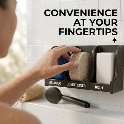 Soap Holder for Shower Wall, 3-Compartment Soap Dish for Shampoo, Conditioner and Body Soap, Fast Draining & Rust-Proof & Heavy Duty, Ultra-Strong Self Adhesive & Freestanding (Black, Label)