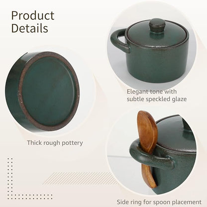 ZALIR Ceramic Salt Cellar with Lid and Wooden Spoon, Rough Pottery Seasoning Pot, 4.3 x 3.5 x 2.4 in Kitchen Jar, Rustic Spice Bowl for Sugar, Salt, Spices
