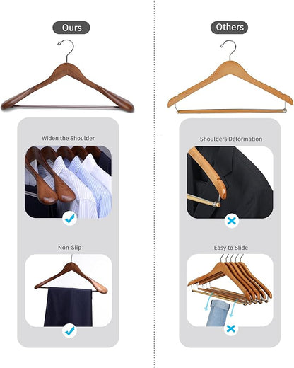 Nature Smile Luxury Wooden Suit Hangers 12 Pack Wood Coat Hangers Jacket Outerwear Shirt Hangers,with Extra-Wide Shoulder, 360 Degree Swivel Hooks & Anti-Slip Bar with Screw(Retro Color)