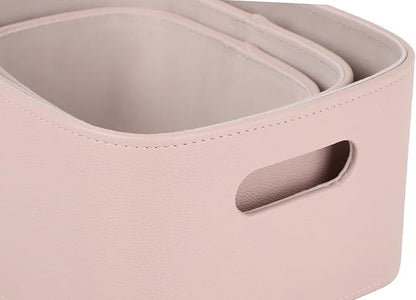 HofferRuffer Faux Leather Storage Baskets Bins with Velvet Lining for Organizing, Storage, Gifts, Set of 3 Nesting Shelf Baskets Decorative Storage Boxes for Home Organization (Pink)