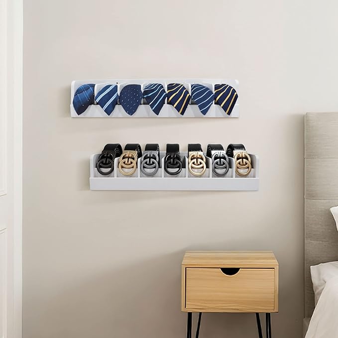 Belt Organizer for Drawer - Bamboo Belt Storage Organizer | Belt Rack for Closet Wall Mount Men Women Tie Sock Bra Scarf Ribbon(White, 7 Grids)